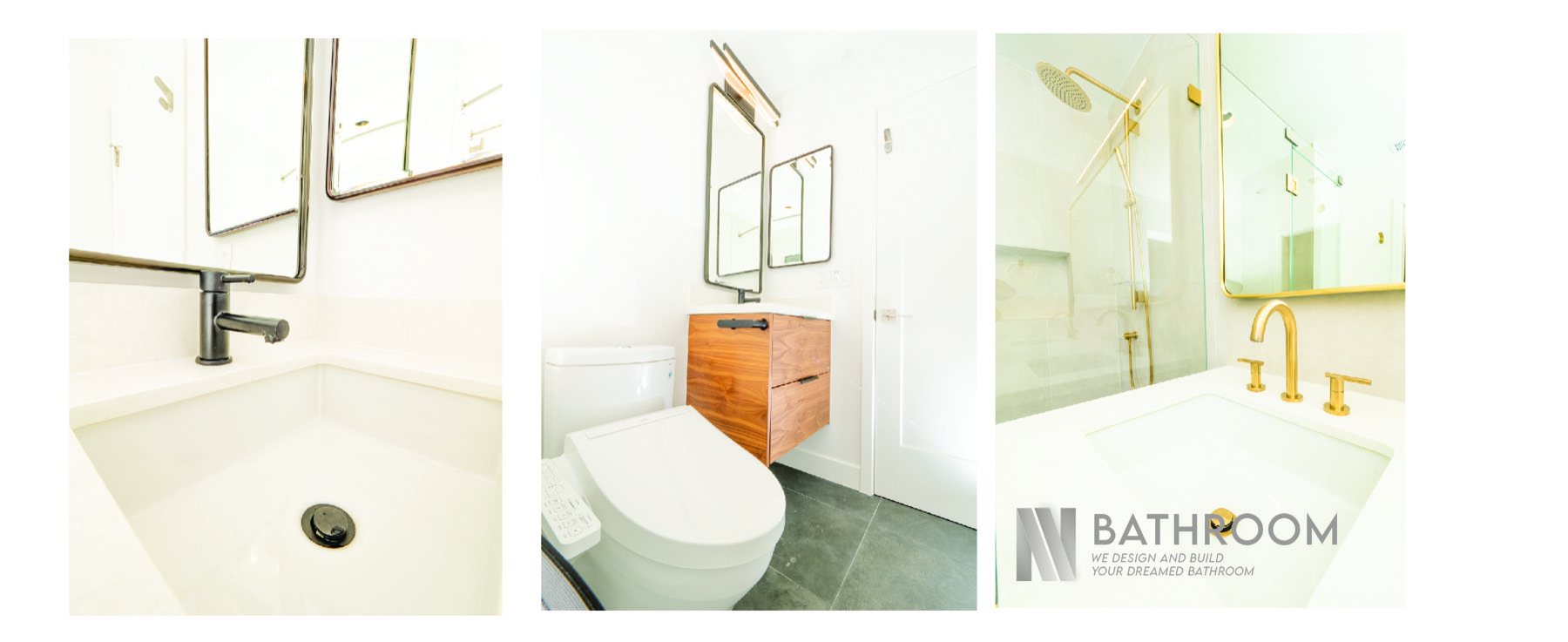 Panoramic view of a completed spa-style bathroom remodel in the Bay Area