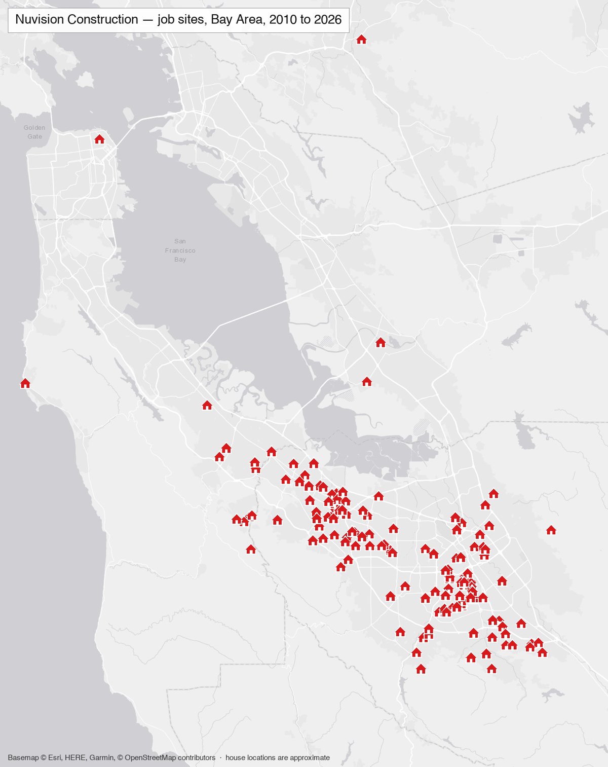Map of the whole Bay Area with a red house marker on each Nuvision Construction project