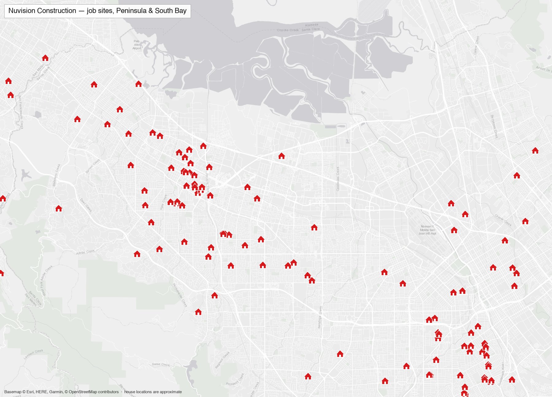 Map of the Peninsula and South Bay with a red house marker on each home Nuvision Construction has worked on